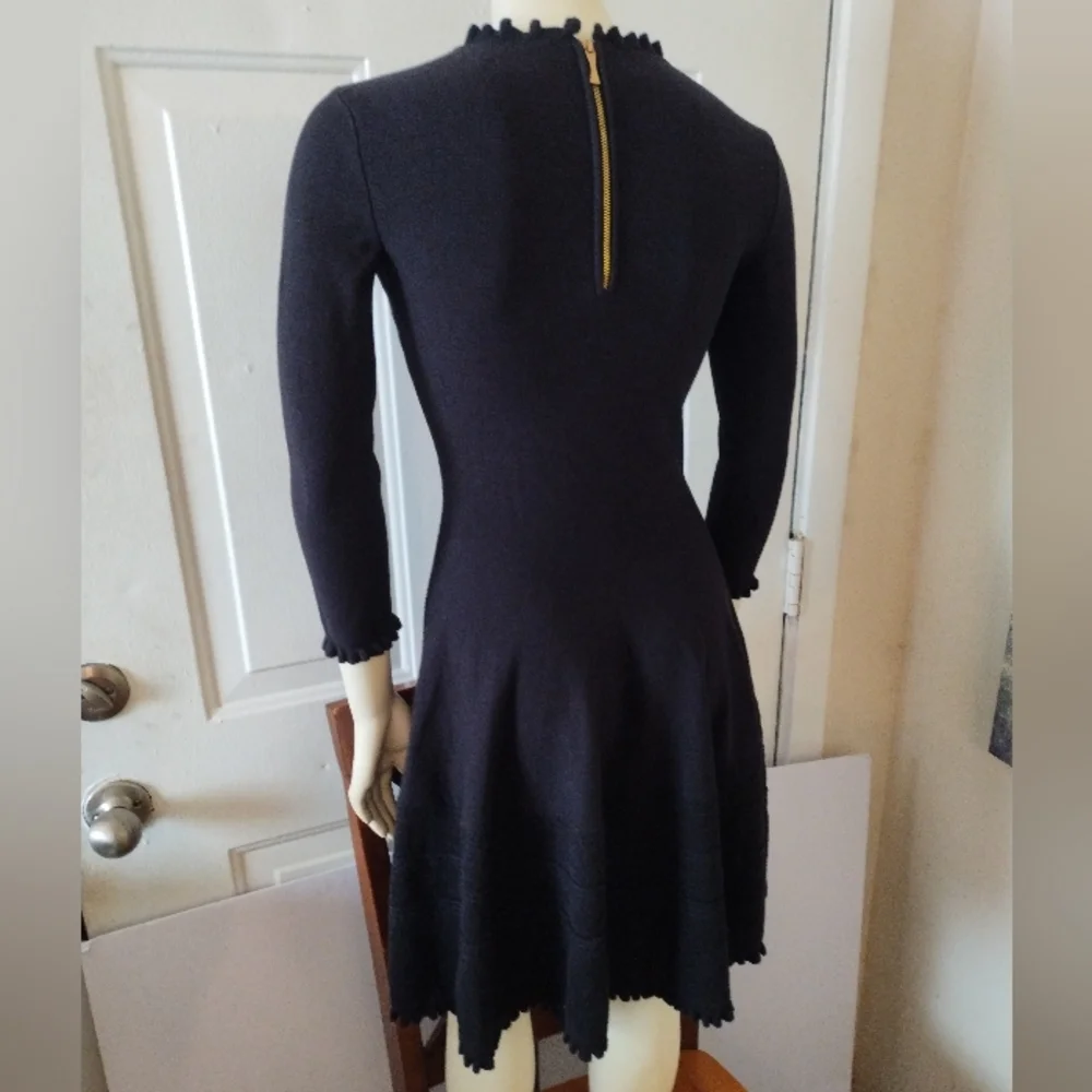 Kate Spade Sweater Knit Pointelle Dress Ruffle Neck Sleeves Fit & Flare Academia